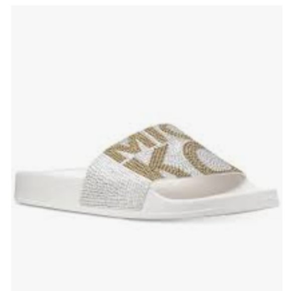 Michael Kors Gilmore Slides Crystals White/Gold Women's Size 9 New - Picture 1 of 12
